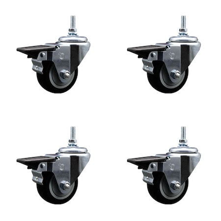 Service Caster 3 Inch Black Polyurethane 12 MM Threaded Stem Caster Set with Brake SCC-TS20S314-PPUB-BLK-PLB-M1215-4